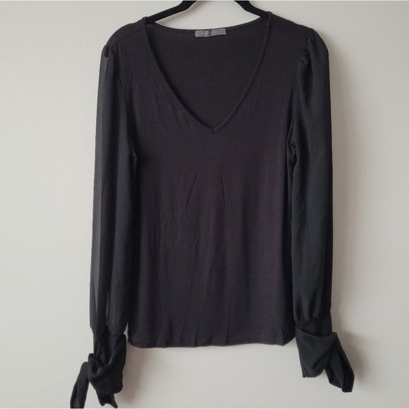 BLACK V-Neck Long Sheer Sleeve Blouse - Picture 8 of 9